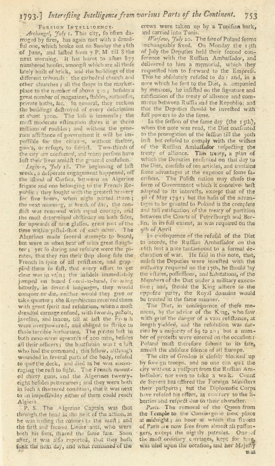 News report of the Sejm ratifying the 2nd partition of Poland. Gents Mag 1793